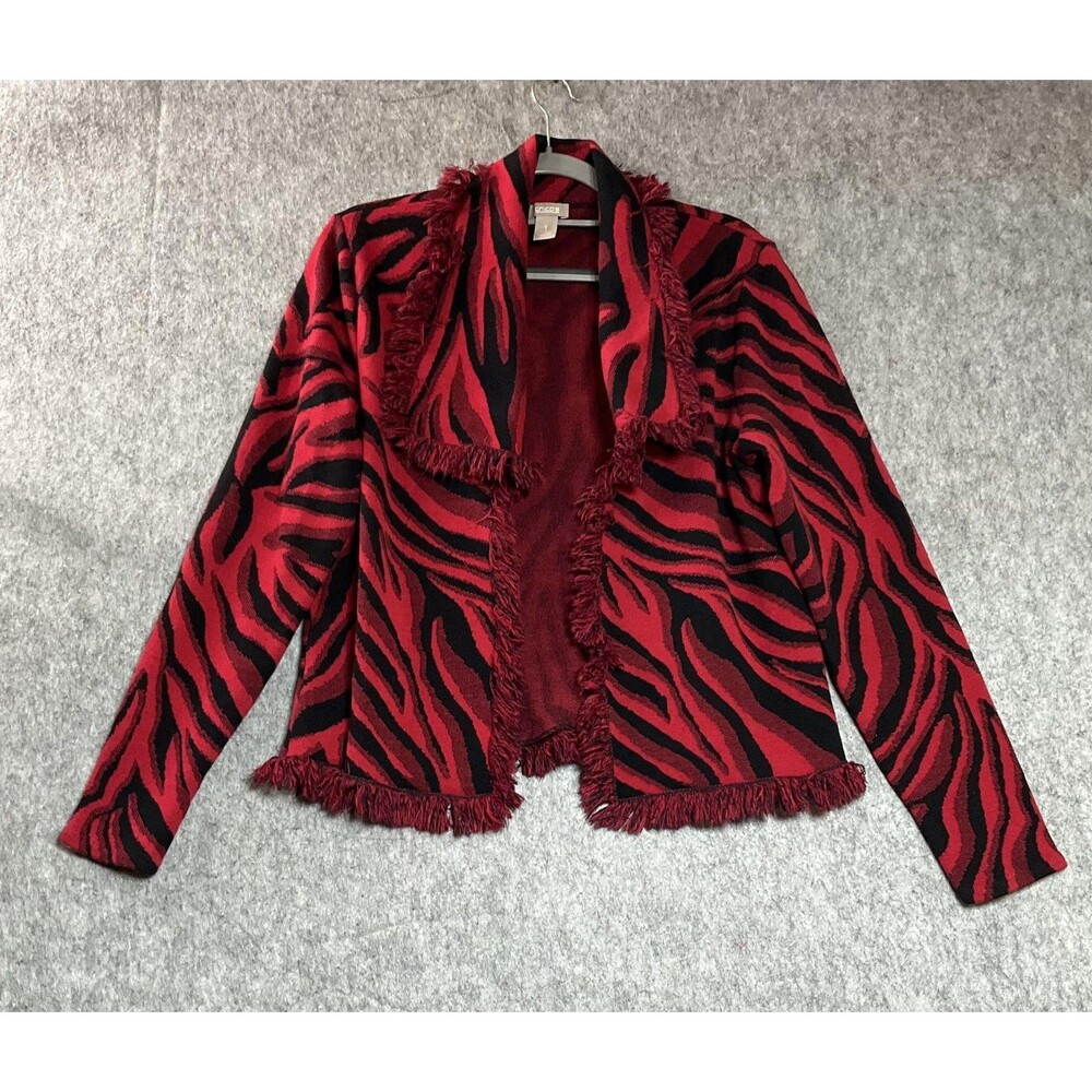 Chicos Sweater Womens 1 Medium Red Black Artsy Cotton Fringe Open Front Cardigan